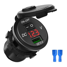 Load image into Gallery viewer, Quick Charge 3.0 USB Car Charger Socket Digital Display Voltmeter USB Charger Socket with ON-OFF Switch for Car Motorcycle ATV