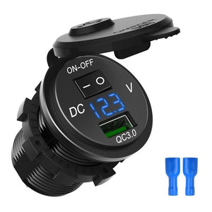 Quick Charge 3.0 USB Car Charger Socket Digital Display Voltmeter USB Charger Socket with ON-OFF Switch for Car Motorcycle ATV